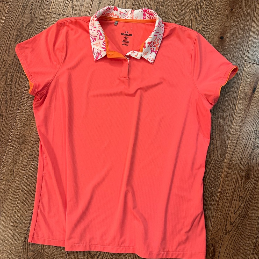 Under Armour Coral Short-Sleeve Performance Golf Polo with Floral Collar.